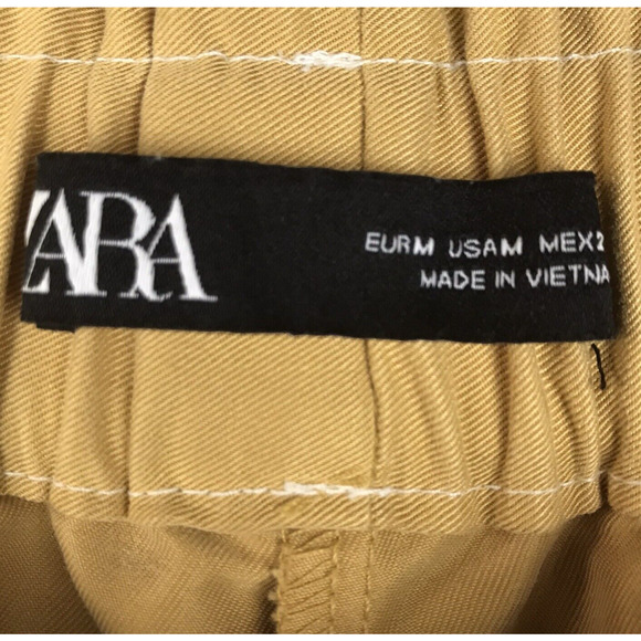 Zara High Rise Paperbag Waist Pull On Elastic Pants Crop Yellow Pockets Medium - Picture 4 of 7